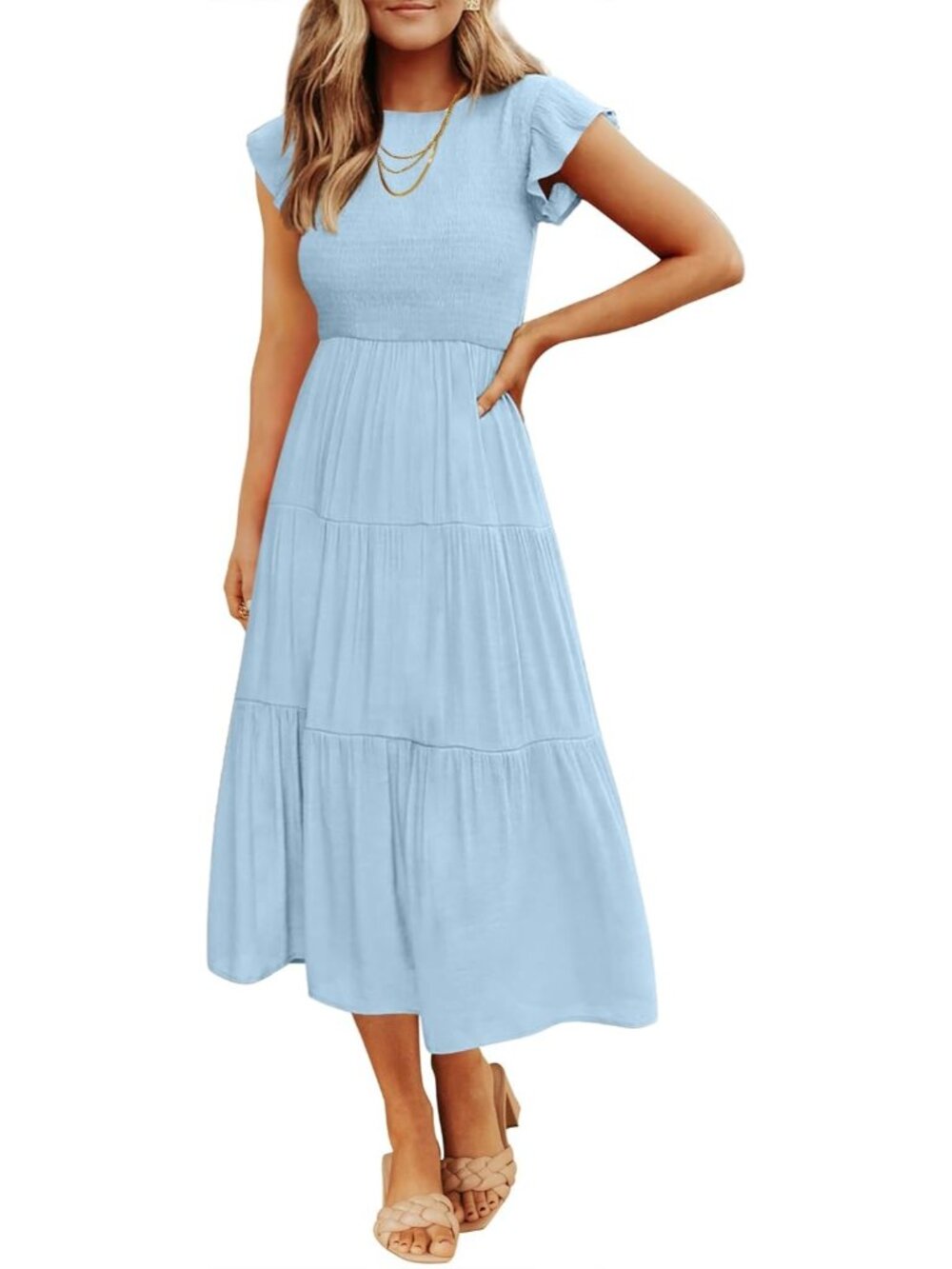 〽️Women’s Blue Flutter Sleeve Smocked Midi Dress Boho Tiered Summer Outfit